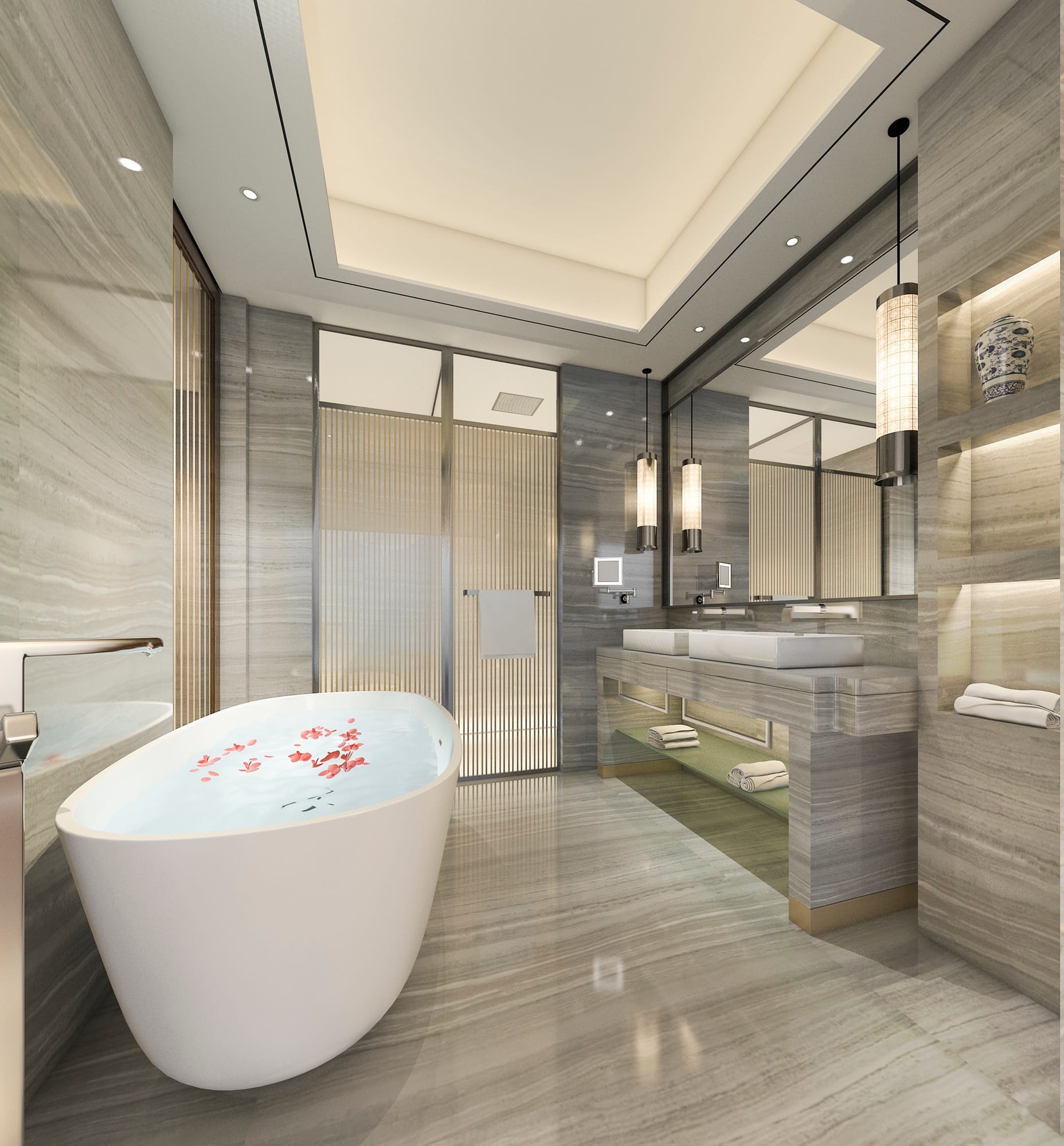 3d rendering modern bathroom with luxury tile decor